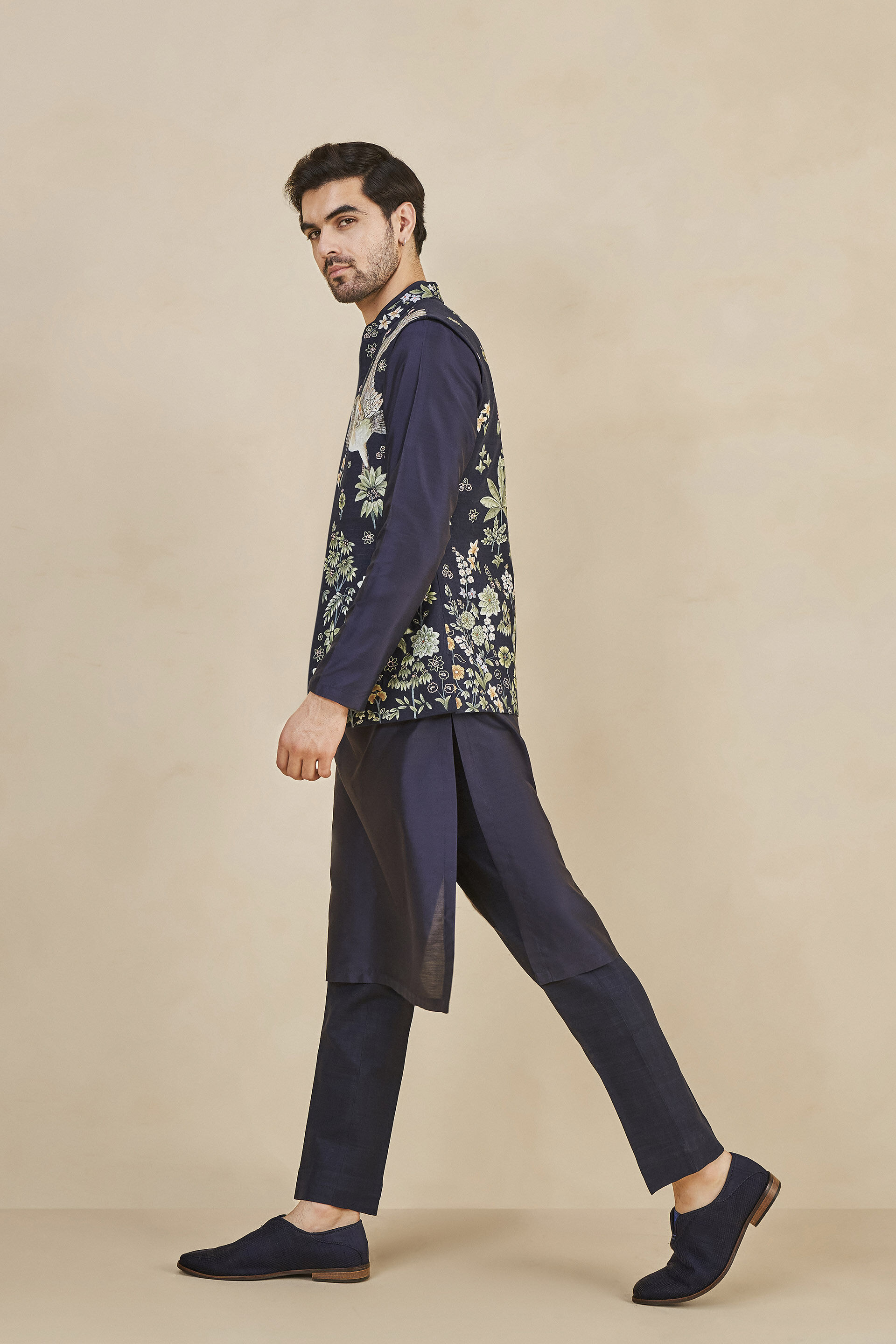 The Flamingo Spirit Hand-painted Pichhwai Silk Nehru Jacket - Navy, Navy, image 2